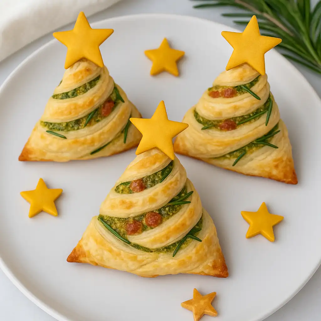 Basil pesto cheesy puff pastry Christmas tree on white marble.