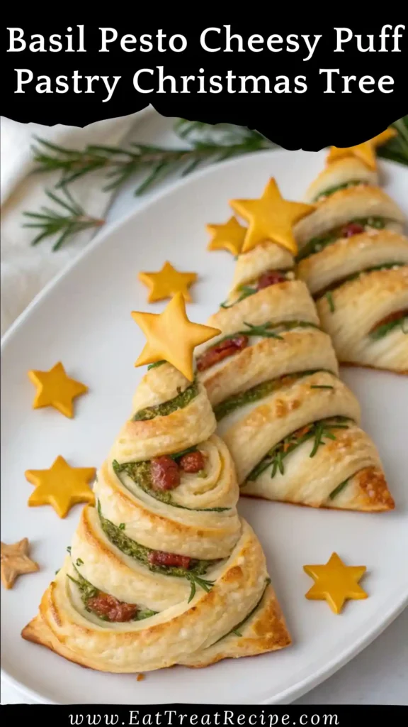 Basil pesto cheesy puff pastry Christmas tree on white marble.
