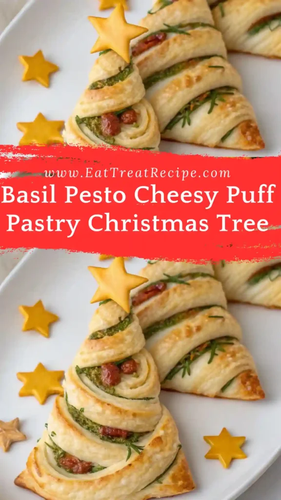 Basil pesto cheesy puff pastry Christmas tree on white marble.