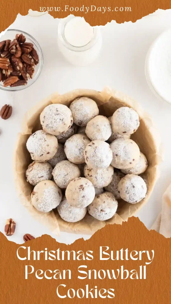 Christmas buttery pecan snowball cookies on white marble