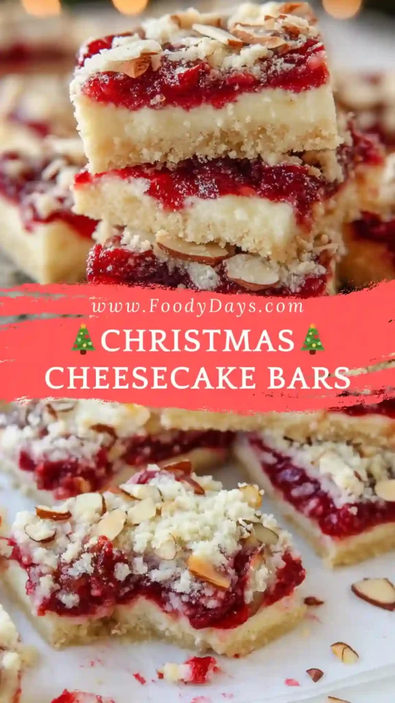 Modern Christmas cheesecake bars with vibrant cranberry swirl on white marble