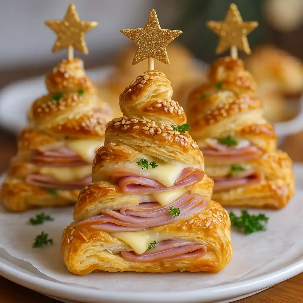 Baked puff pastry ham and cheese Christmas trees on serving board