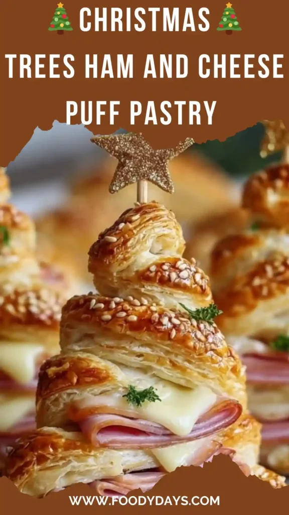 Baked puff pastry ham and cheese Christmas trees on serving board