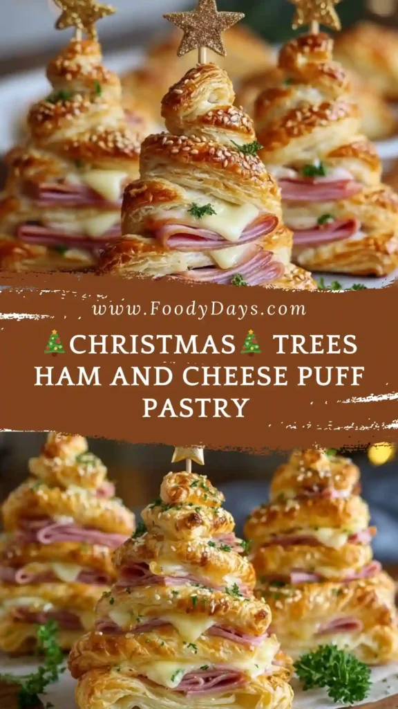 Baked puff pastry ham and cheese Christmas trees on serving board