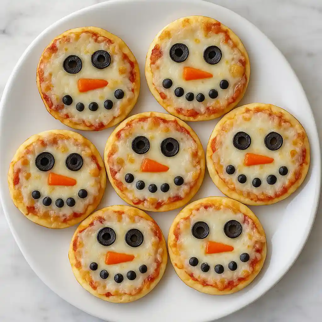 Family-style mini snowman pizzas on white marble.