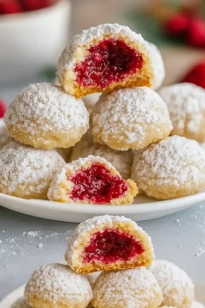 Christmas Raspberry Almond Snowball Cookies with raspberry filling and powdered sugar
