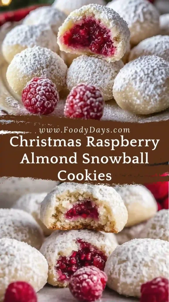 Christmas Raspberry Almond Snowball Cookies with raspberry filling and powdered sugar
