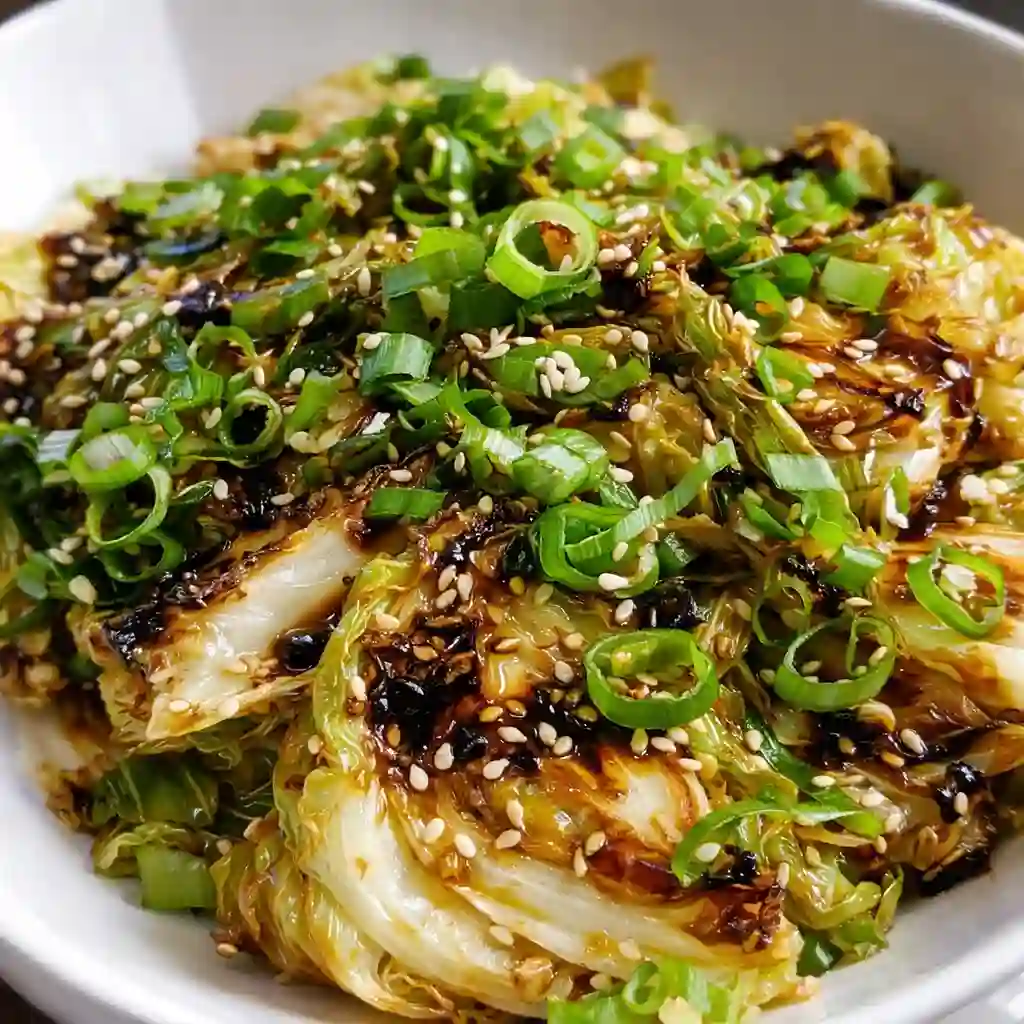 Asian cabbage stir fry served family-style with ginger and garlic
