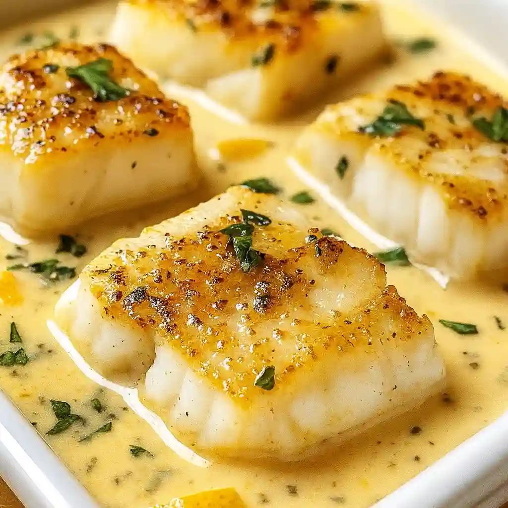 Baked cod in coconut lemon cream sauce in a white baking dish