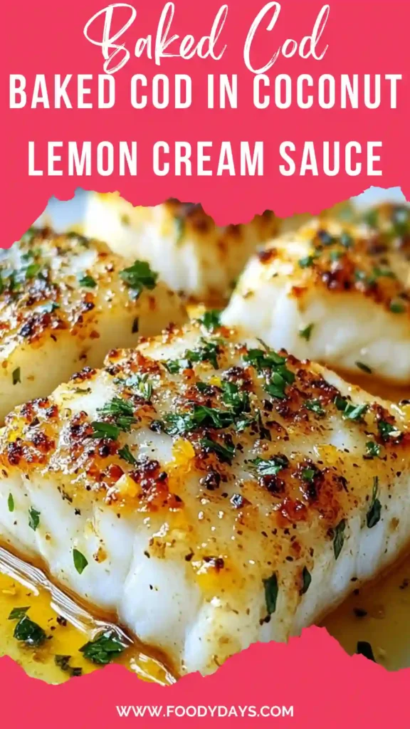 Baked cod in coconut lemon cream sauce in a white baking dish