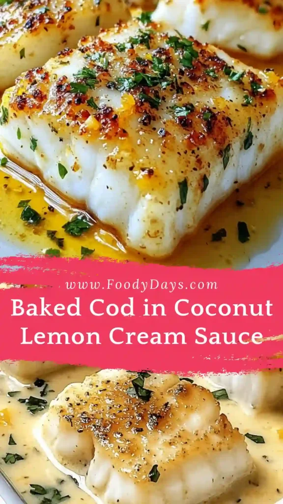Baked cod in coconut lemon cream sauce in a white baking dish