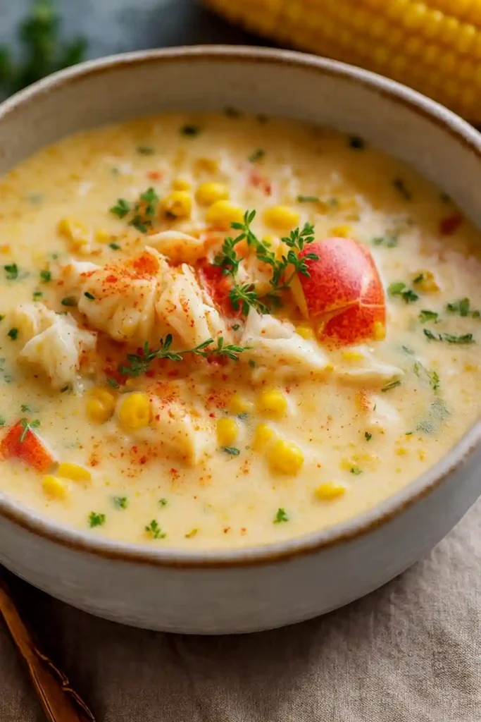 Bobby Flay's crab and corn chowder soup served warm in a bowl