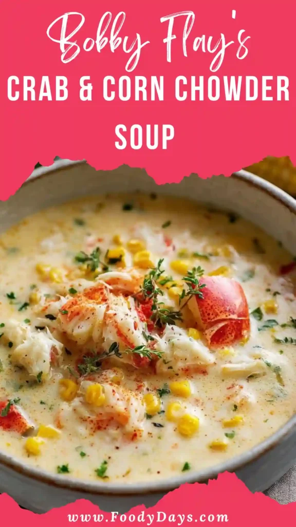 Bobby Flay's crab and corn chowder soup served warm in a bowl