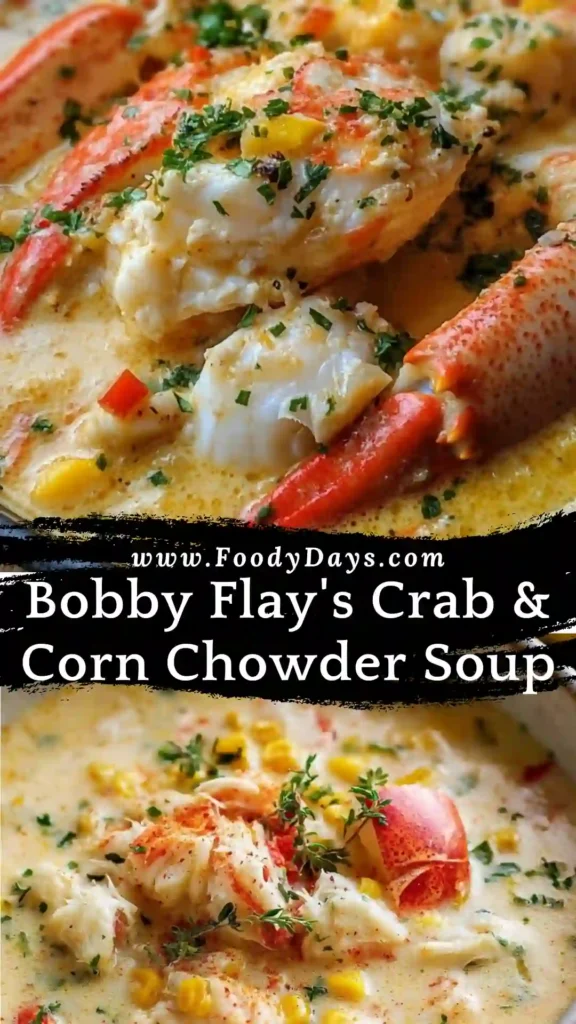 Bobby Flay's crab and corn chowder soup served warm in a bowl