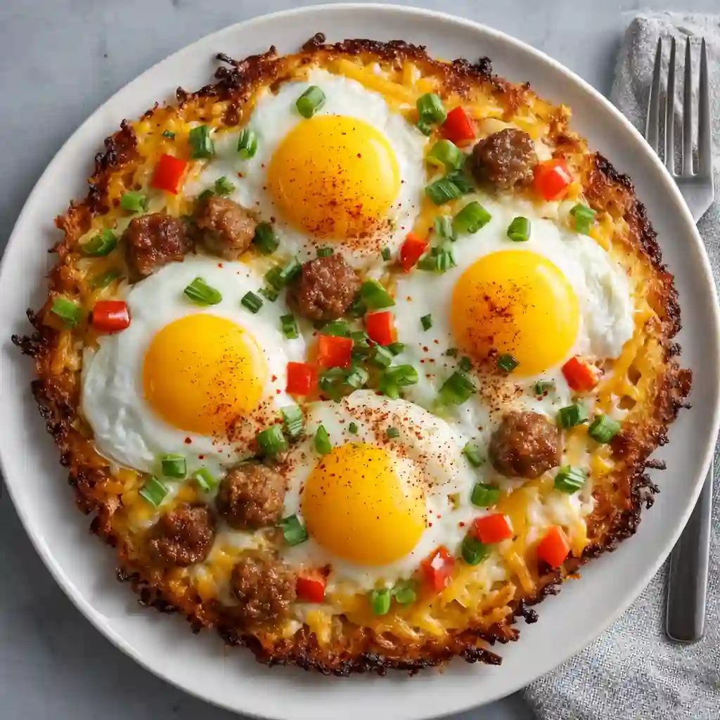 Breakfast pizza recipe with hash brown crust eggs and cheese family friendly