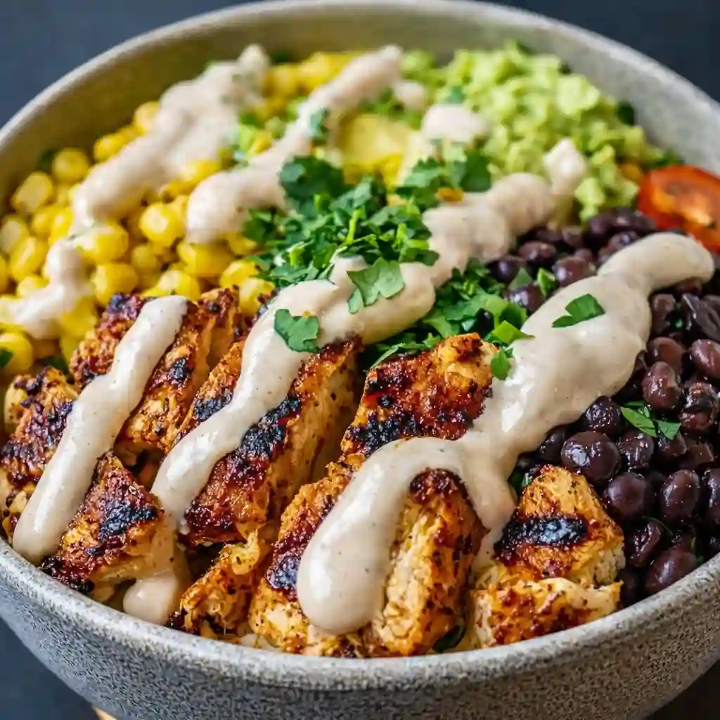 Chipotle chicken bowl with black beans corn and creamy sauce family dinner