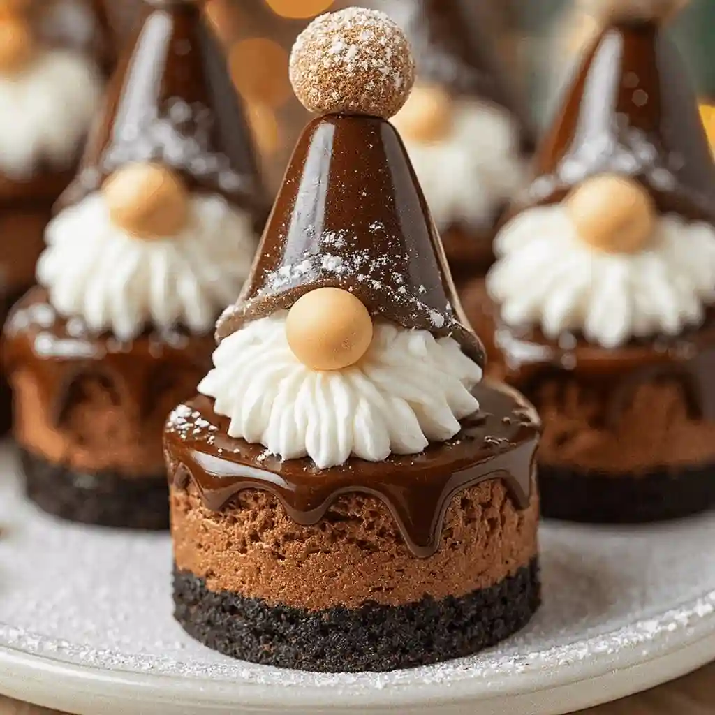 Chocolate Gnome Cheesecakes decorated for a festive family dessert
