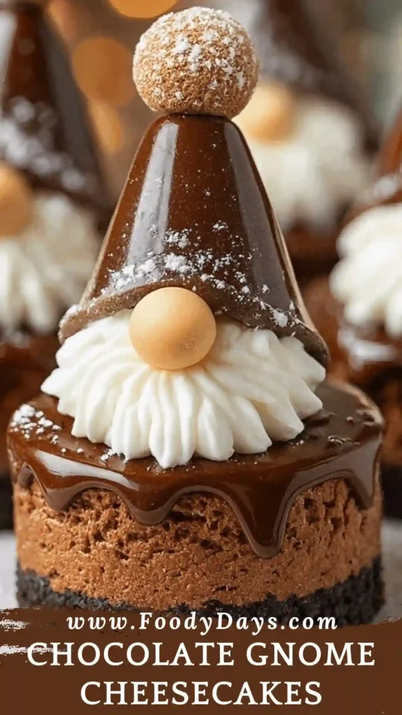 Chocolate Gnome Cheesecakes decorated for a festive family dessert