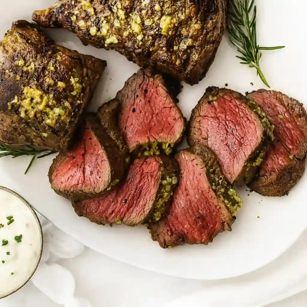 Family-style Christmas beef tenderloin roast on white marble