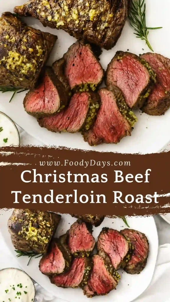 Family-style Christmas beef tenderloin roast on white marble
