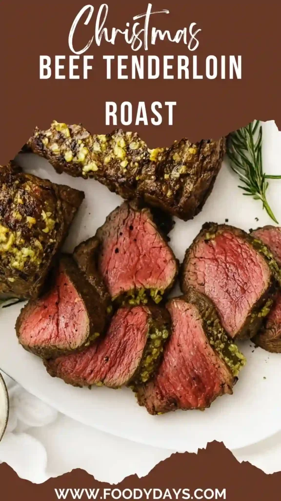Family-style Christmas beef tenderloin roast on white marble