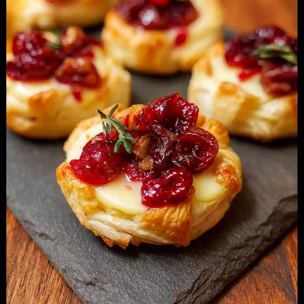 Christmas brie and cranberry bites served on marble platter.