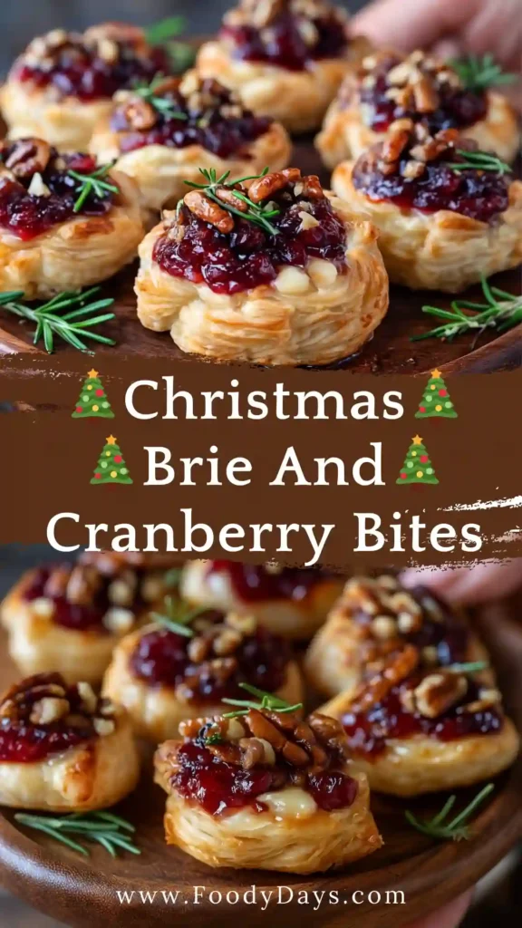 Christmas brie and cranberry bites served on marble platter.