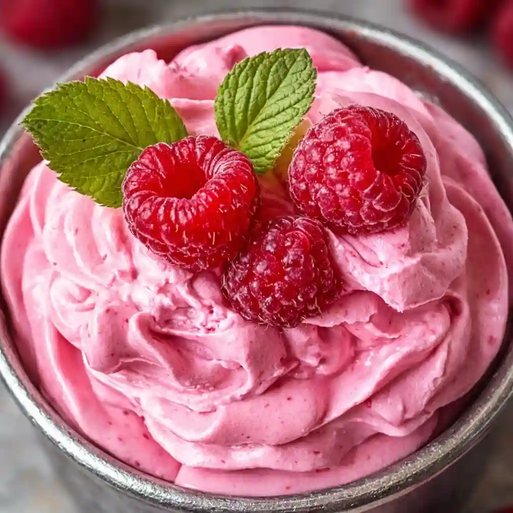 Cottage Cheese Raspberry Mousse served creamy and smooth as a family-friendly dessert on a white marble background