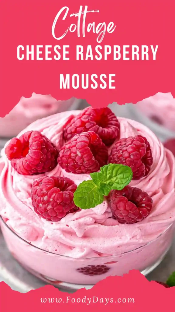 Cottage Cheese Raspberry Mousse served creamy and smooth as a family-friendly dessert on a white marble background