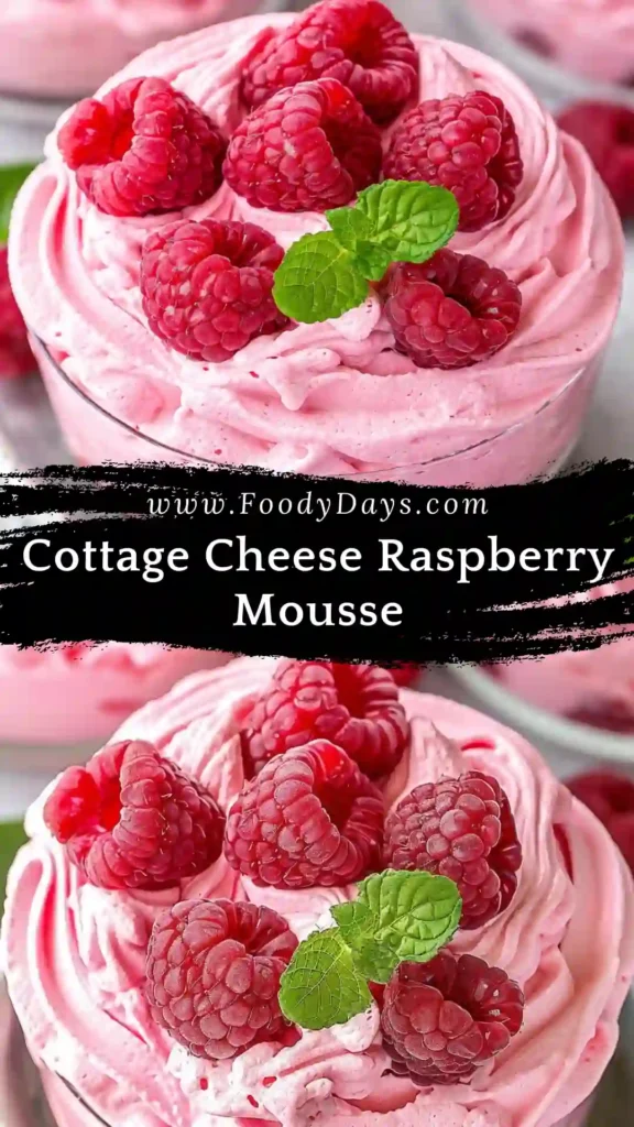 Cottage Cheese Raspberry Mousse served creamy and smooth as a family-friendly dessert on a white marble background
