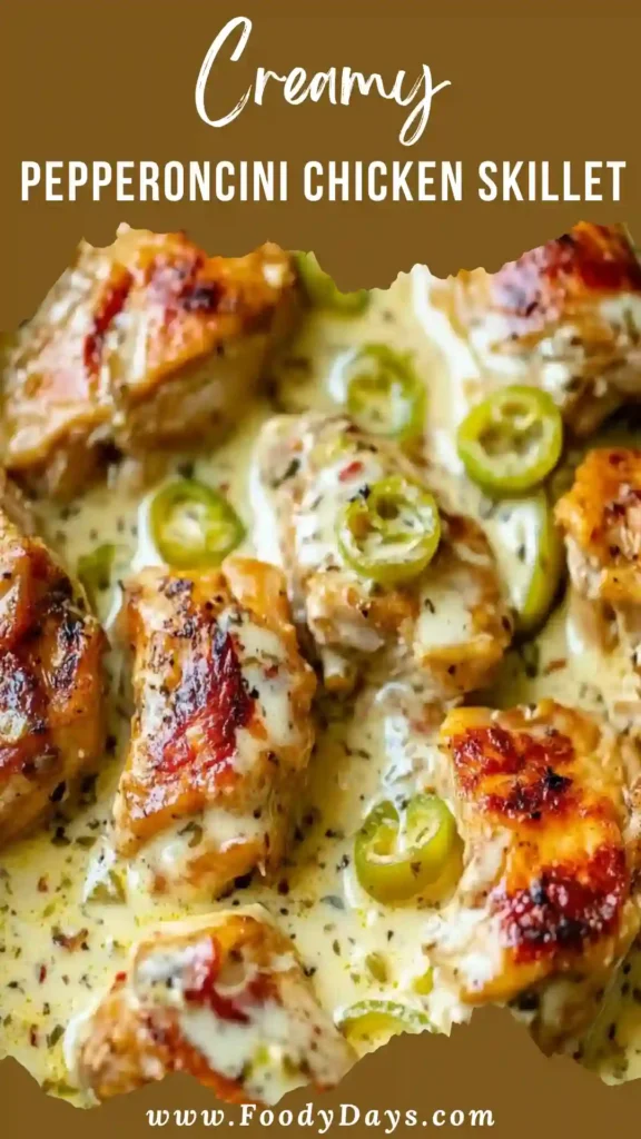 Creamy pepperoncini chicken skillet served family-style
