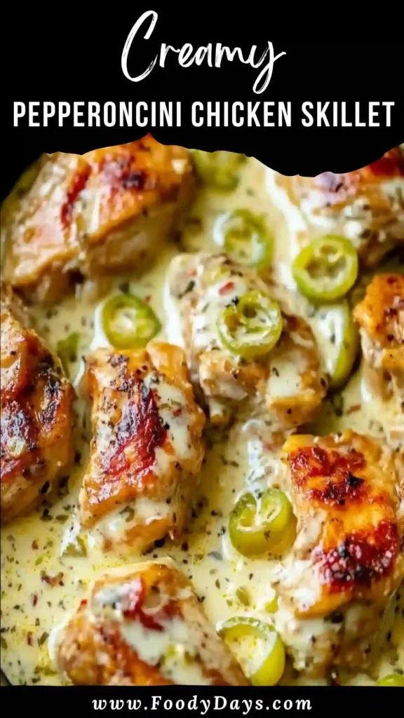 Creamy pepperoncini chicken skillet served family-style
