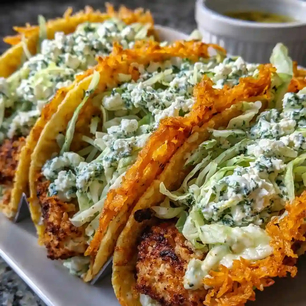 Dill pickle ranch smash chicken tacos with crispy cheese