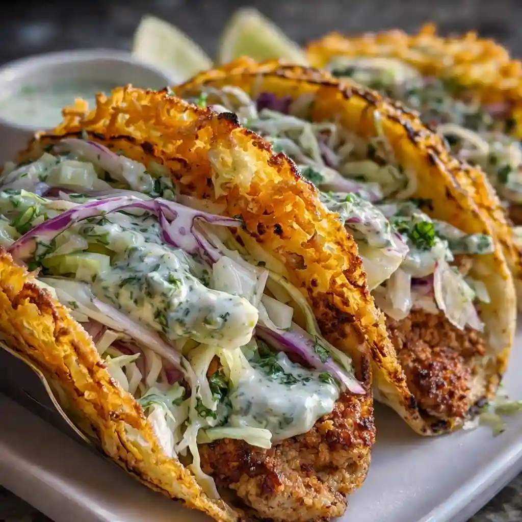 Dill pickle ranch smash chicken tacos with crispy cheese