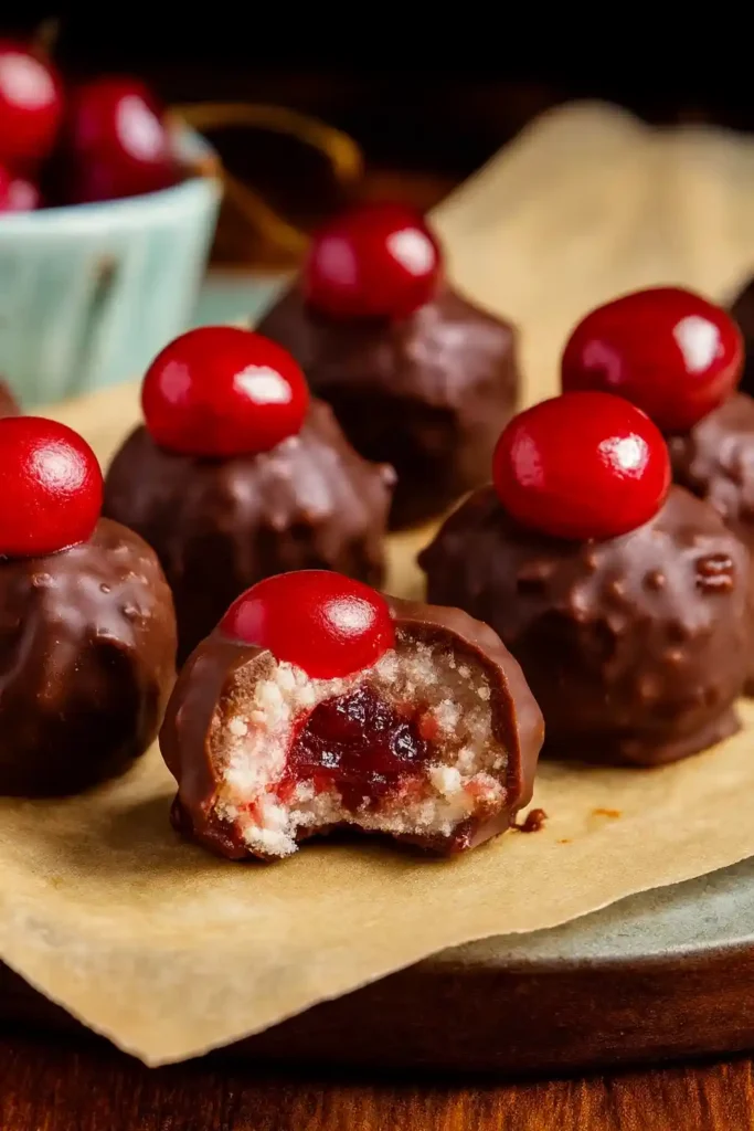 Easy no-bake cherry bourbon balls coated in chocolate on a white marble surface