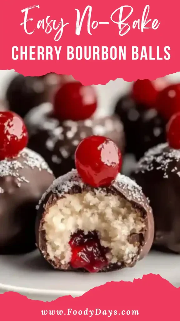 Easy no-bake cherry bourbon balls coated in chocolate on a white marble surface