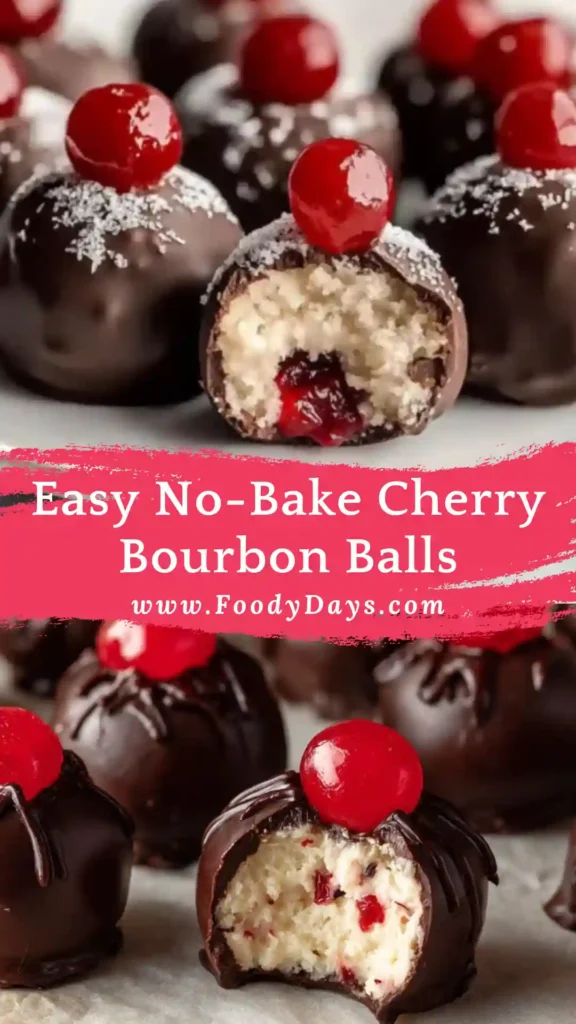 Easy no-bake cherry bourbon balls coated in chocolate on a white marble surface