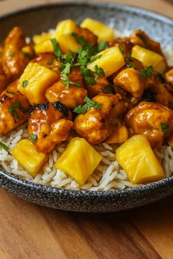 Easy Pineapple Chicken with Rice served in a bowl, sweet and savory family dinner