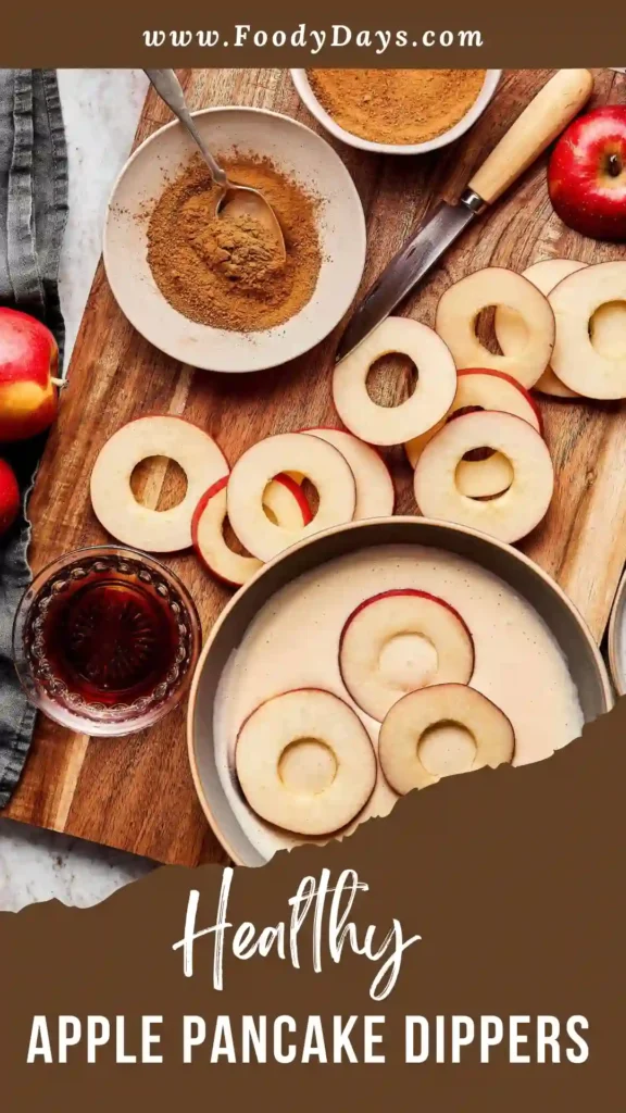 Healthy apple pancake dippers served warm with yogurt dip on a white marble plate