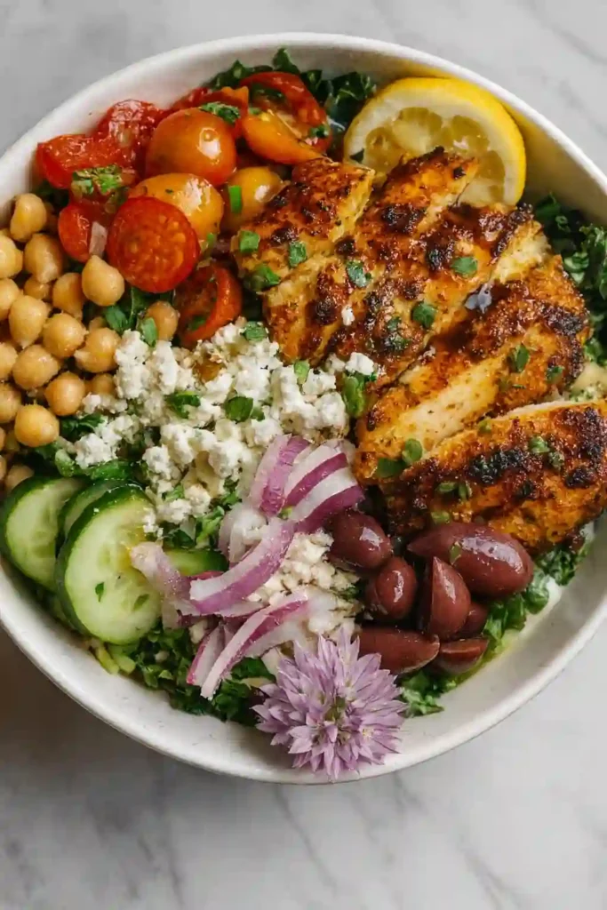 High-Protein Mediterranean Chicken Bowls with chicken, vegetables, and rice