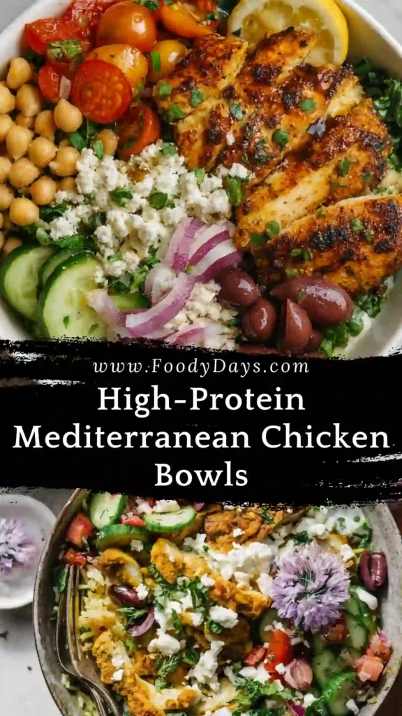 High-Protein Mediterranean Chicken Bowls with chicken, vegetables, and rice