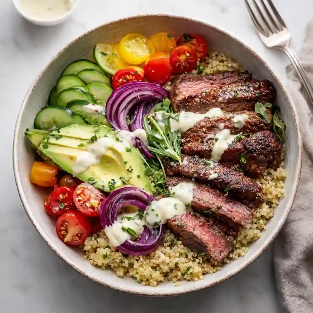 High protein Mediterranean steak and quinoa bowl family dinner