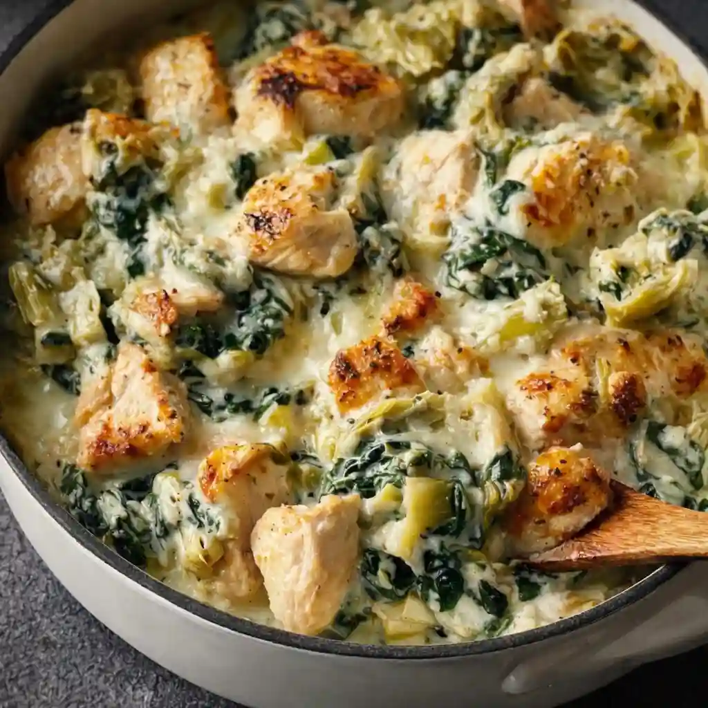 High protein spinach and artichoke chicken casserole family dinner