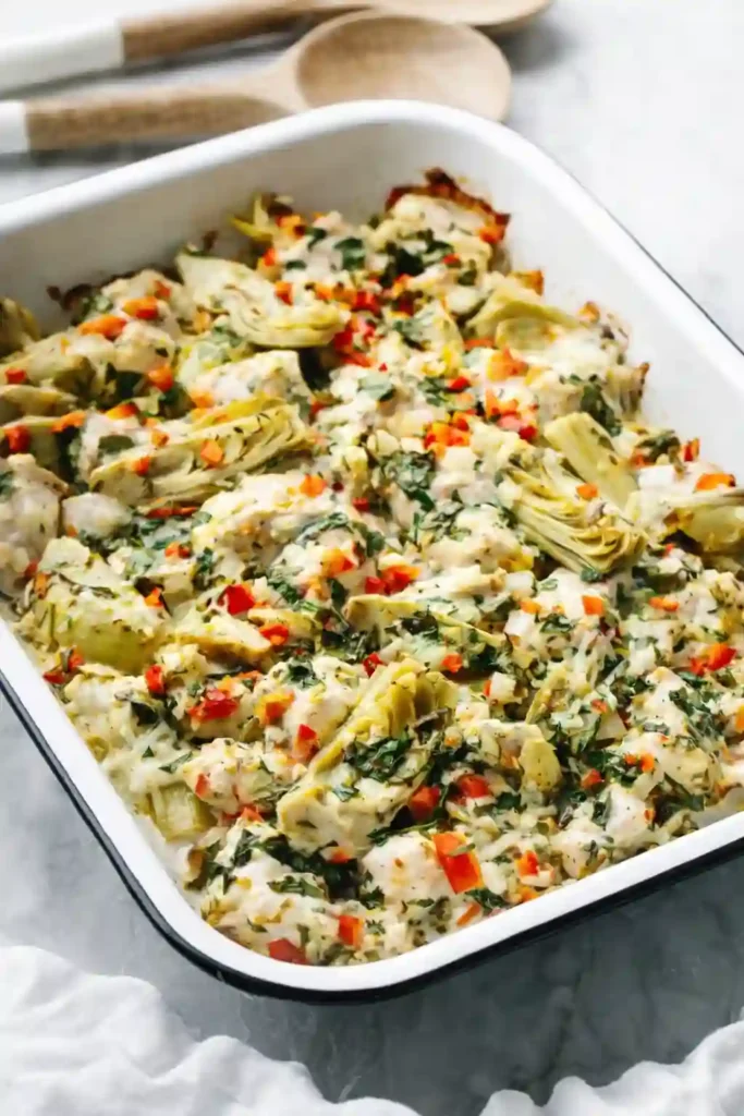 High protein spinach and artichoke chicken casserole family dinner