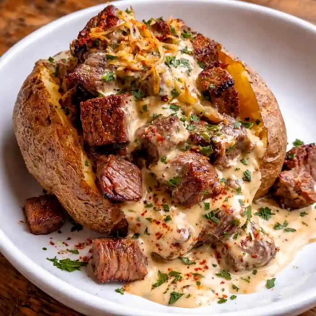 Loaded steak potato with juicy steak and melted cheese family friendly