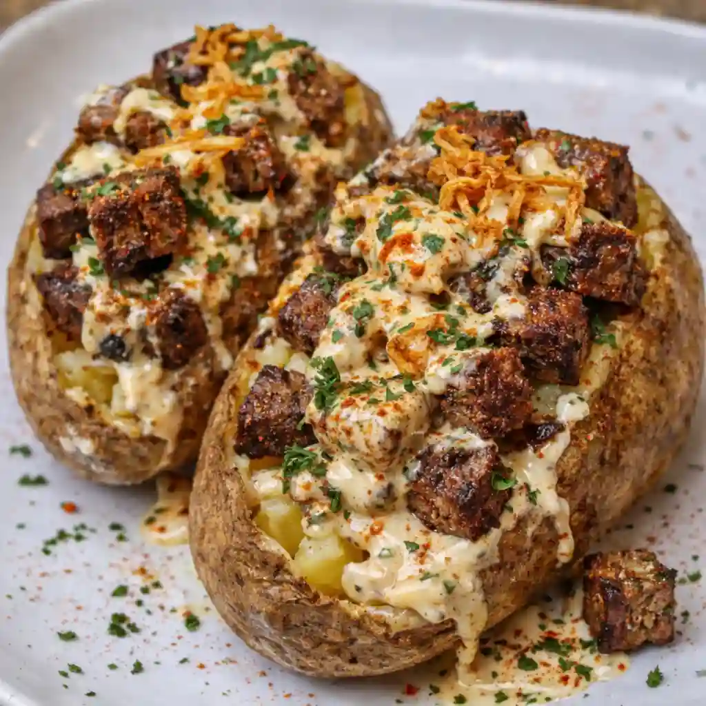Loaded steak potato with juicy steak and melted cheese family friendly
