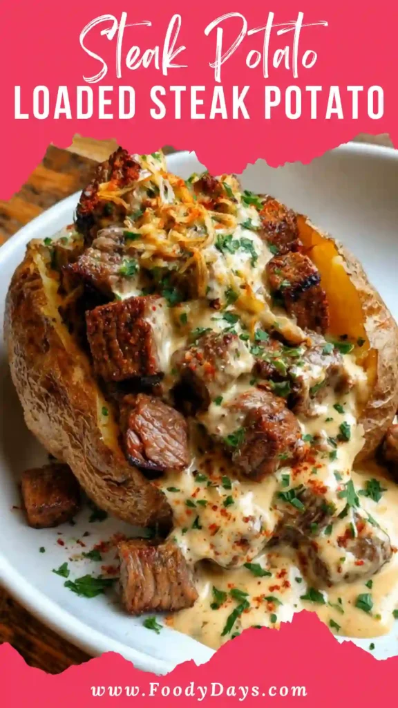 Loaded steak potato with juicy steak and melted cheese family friendly