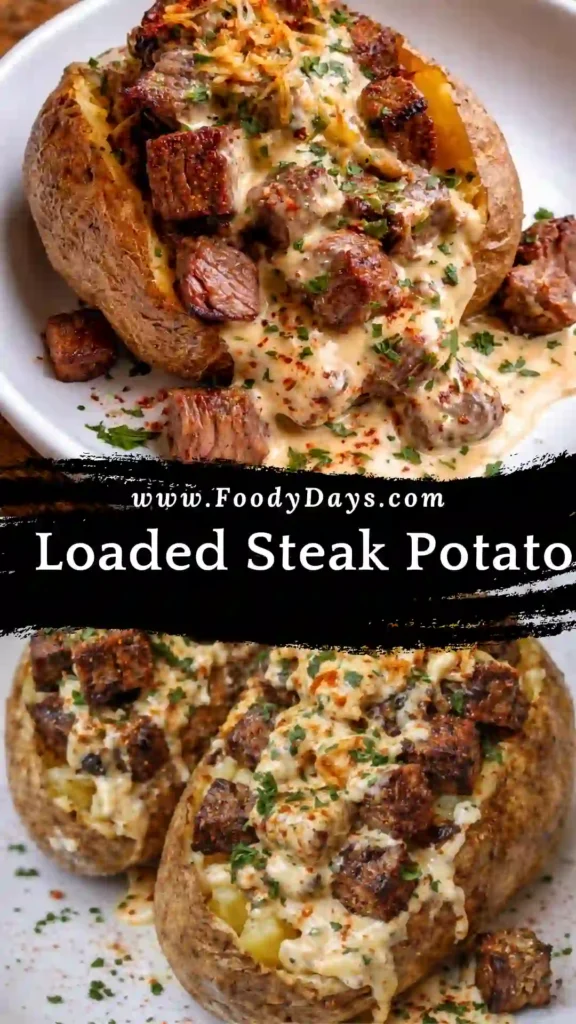Loaded steak potato with juicy steak and melted cheese family friendly