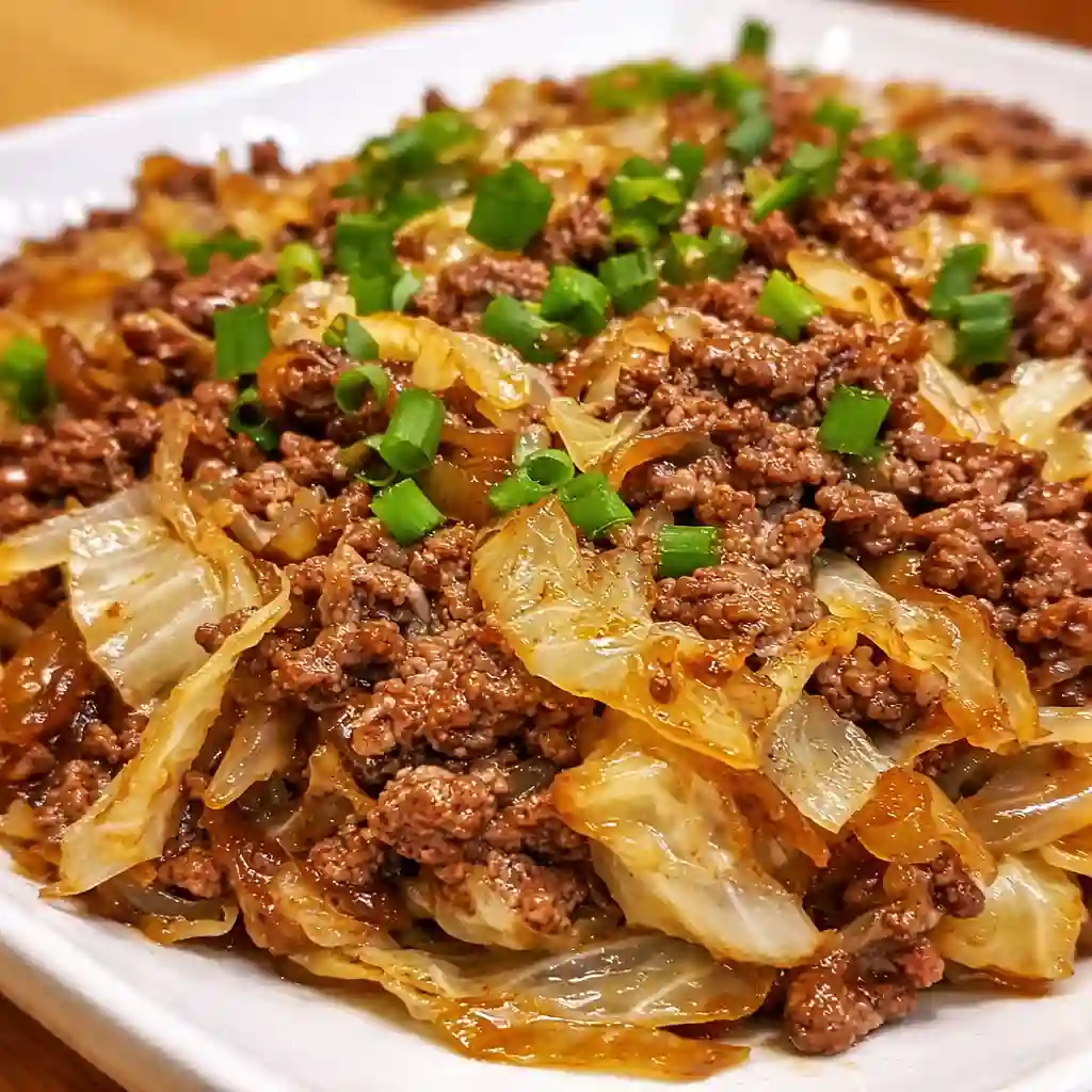 Low-Carb Mongolian Ground Beef and Cabbage served hot in a skillet on a white marble background