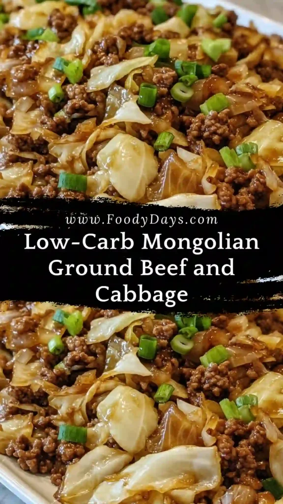 Low-Carb Mongolian Ground Beef and Cabbage served hot in a skillet on a white marble background